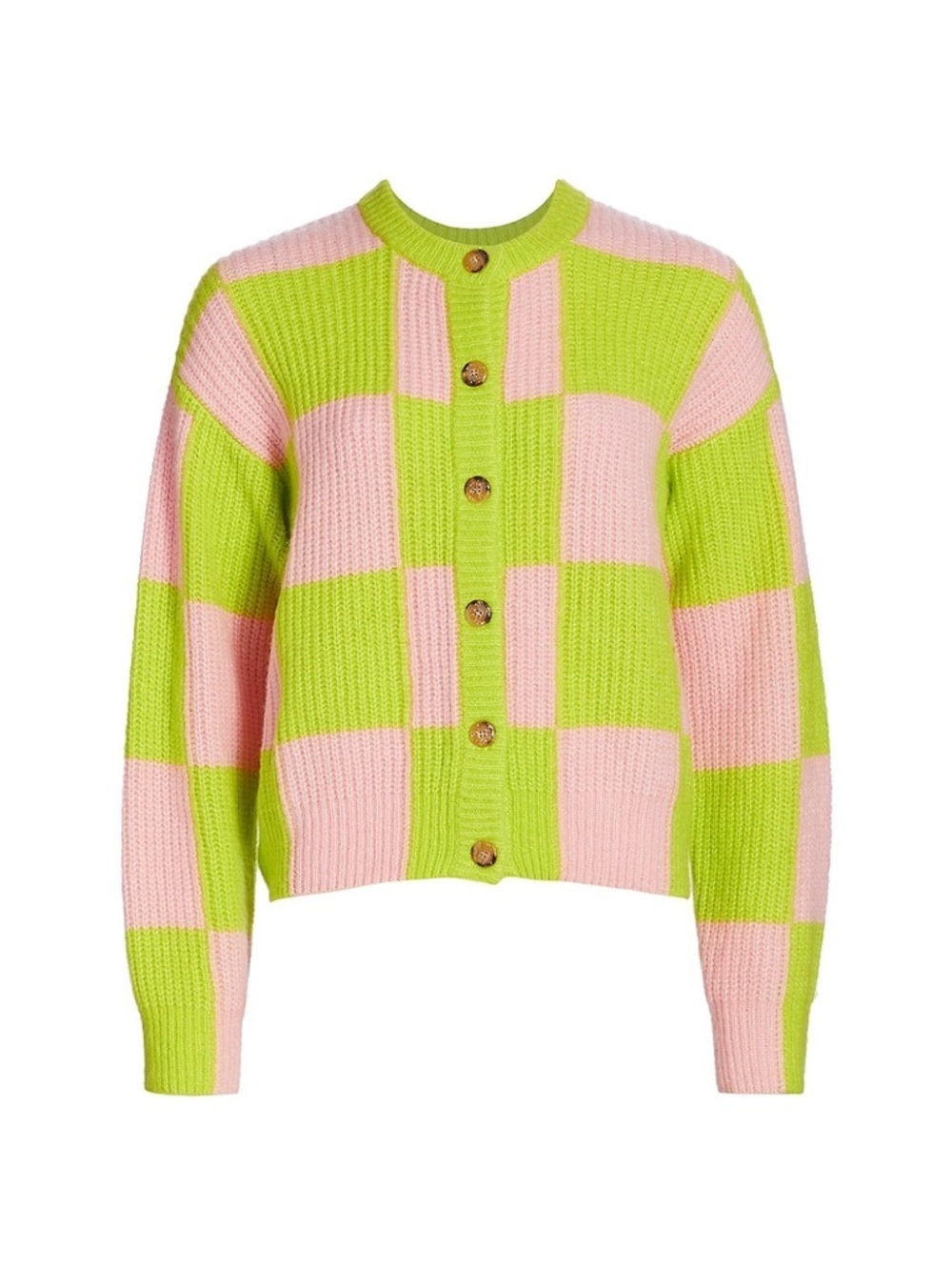 STINE GOYA Checkerboard Button-Up Cardigan in Pink & Lime plaid crewneck sweater - Picture 5 of 9